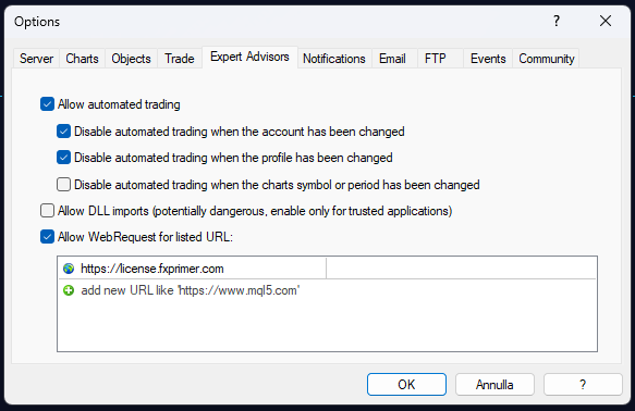 MetaTrader WebRequest settings